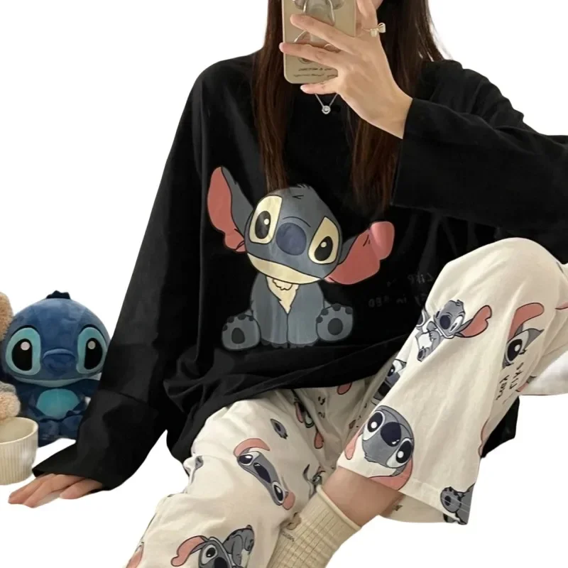 Stitch animation peripheral new autumn pajamas women's long-sleeved cute cartoon loose large size home service two-piece gift