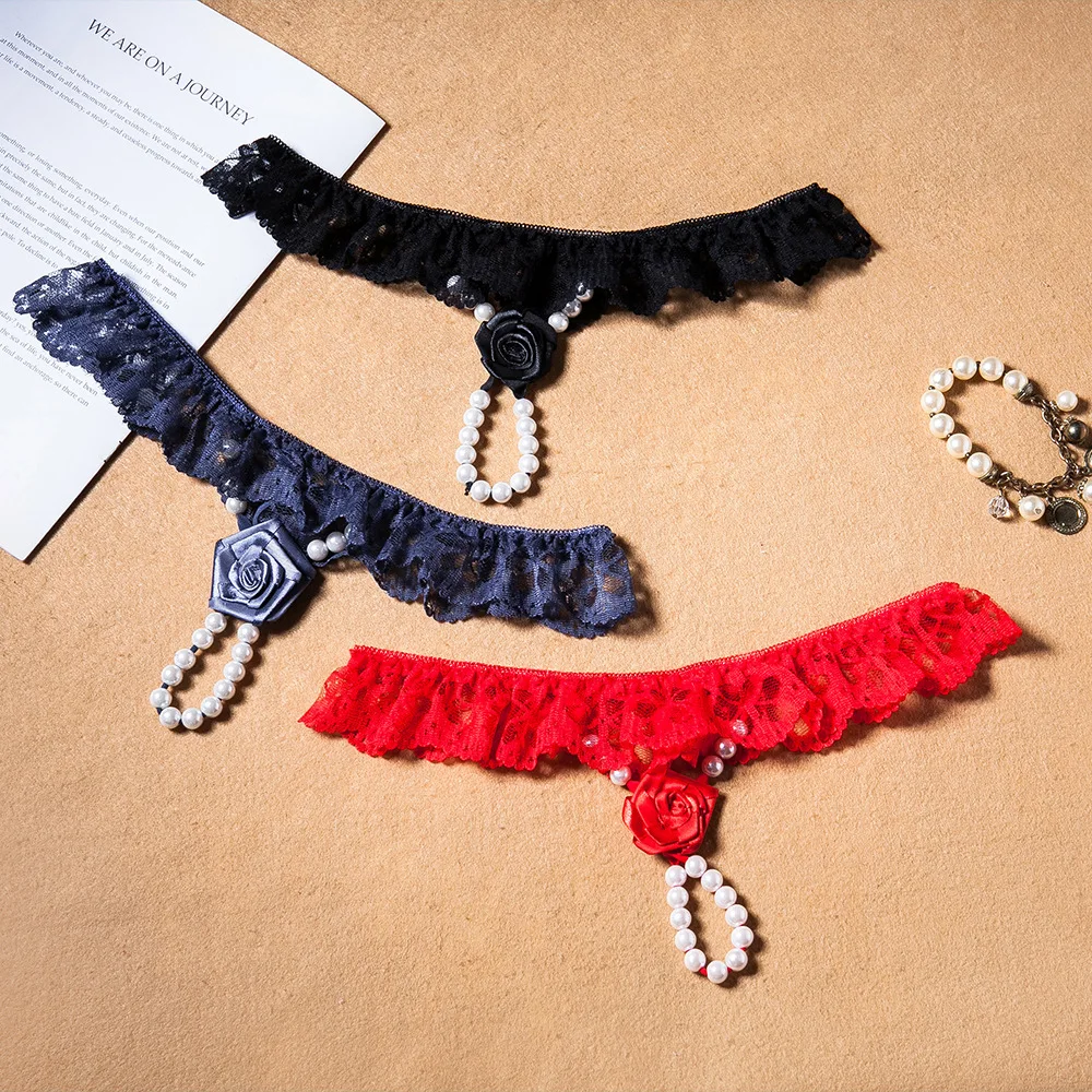 

New Pearls Rose Embellishment Thong Embroidery Panries Women's Sexy Ultra-thin G-string Low-waist Temptation Beaded Underwear