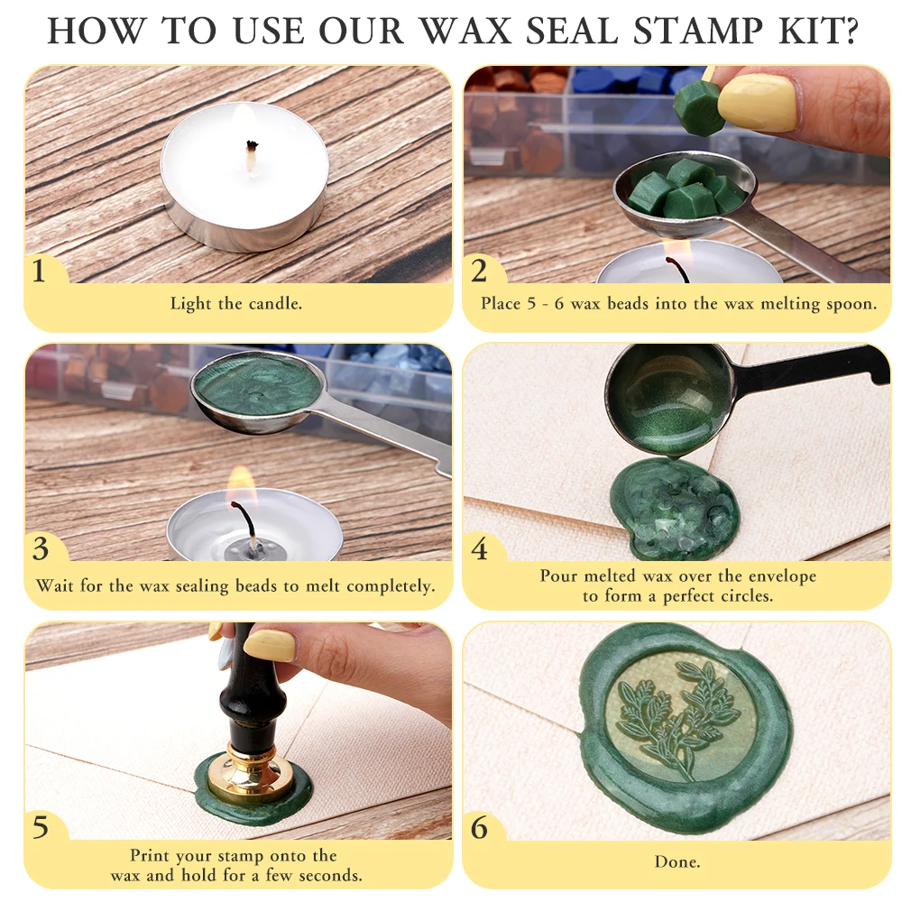 

Wax Seal Stamp Kit,6PCS Greeting & Floral Seals,24Colors Wax Beads,Melting Spoon & 4 Candles, for Invitations, Envelopes Crafts