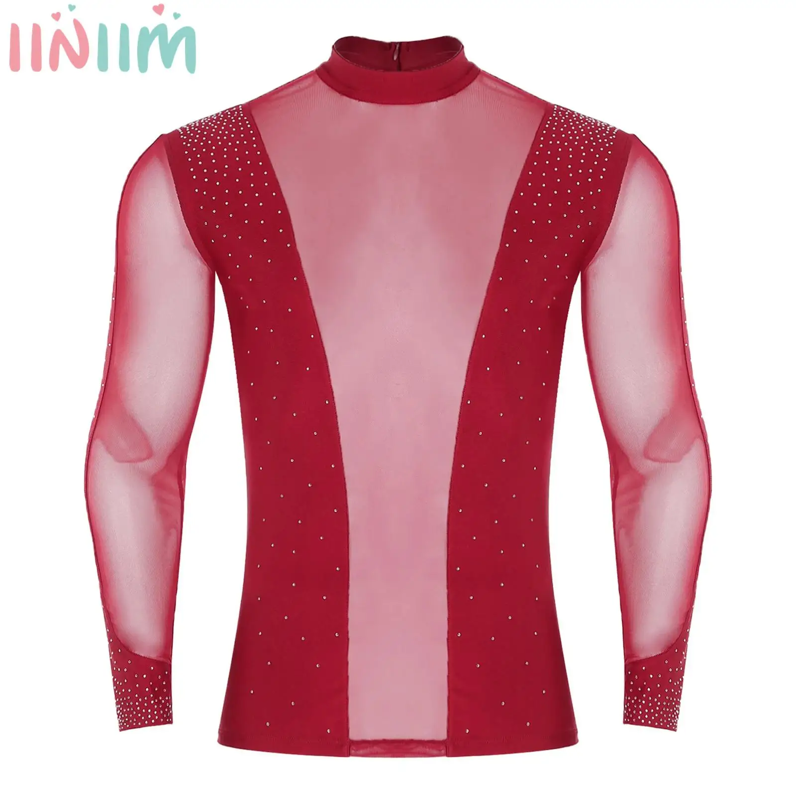 

Mens Latin Dance Top Sheer Mesh Rhinestone Long Sleeve T-shirt Blouse Mock Neck Design for Ballroom Jazz Modern Dance Costume