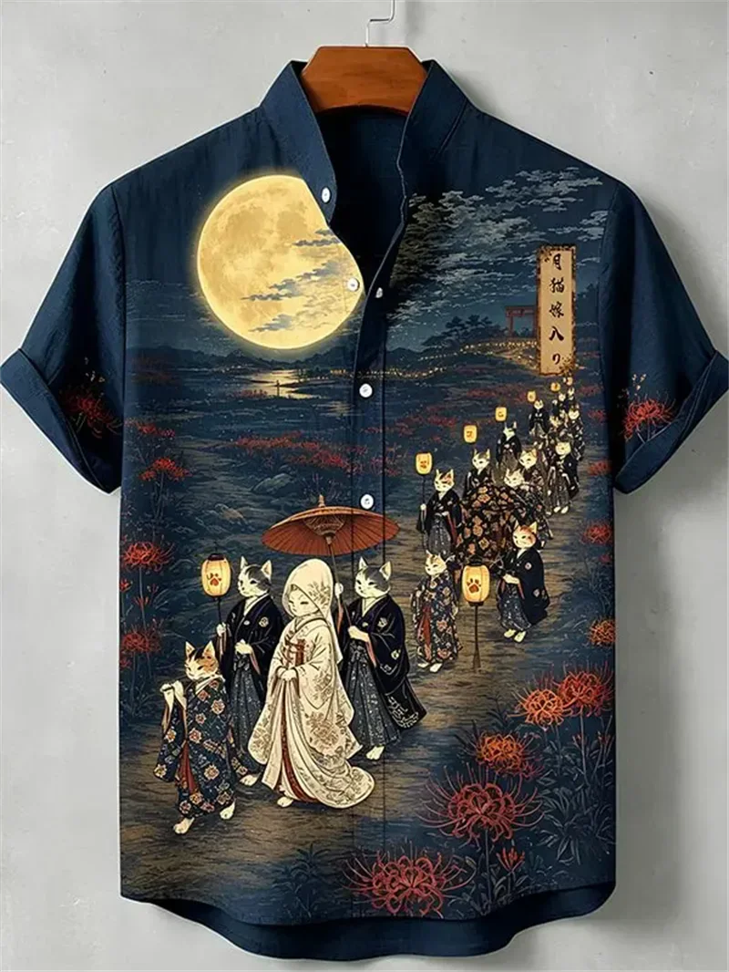 Men's Short Sleeve Shirt Chinese Feng Shui Ink Sunset Guitar Landscape Plum Blossom Literary Art