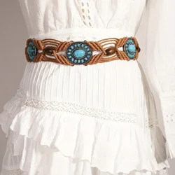 Turquoise Inlaid Braided Belt Boho Hollow Out Wax Rope Waistband Vintage Decoration Dress Girdle For Women