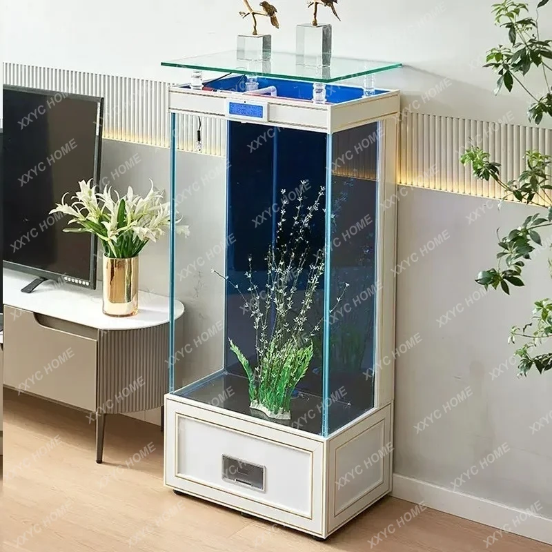 AAS Light Luxury Square Floor Back Filter Fish Tank Living Room Pillar Super White Glass Fish Tank Aquarium