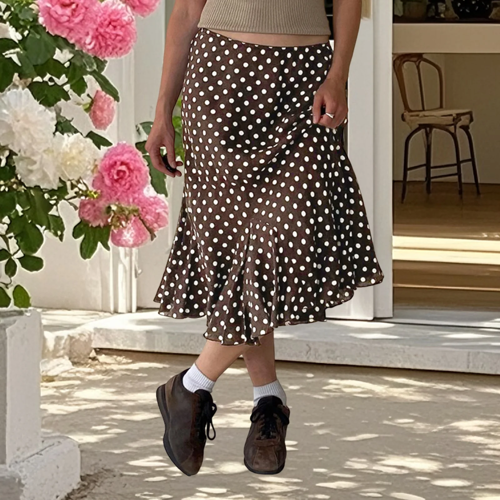 Women Summer Dot Print Skirts Casual Elegant Mid Rise Ruffled Hem Midi Skirt for Beach Vacation Streetwear