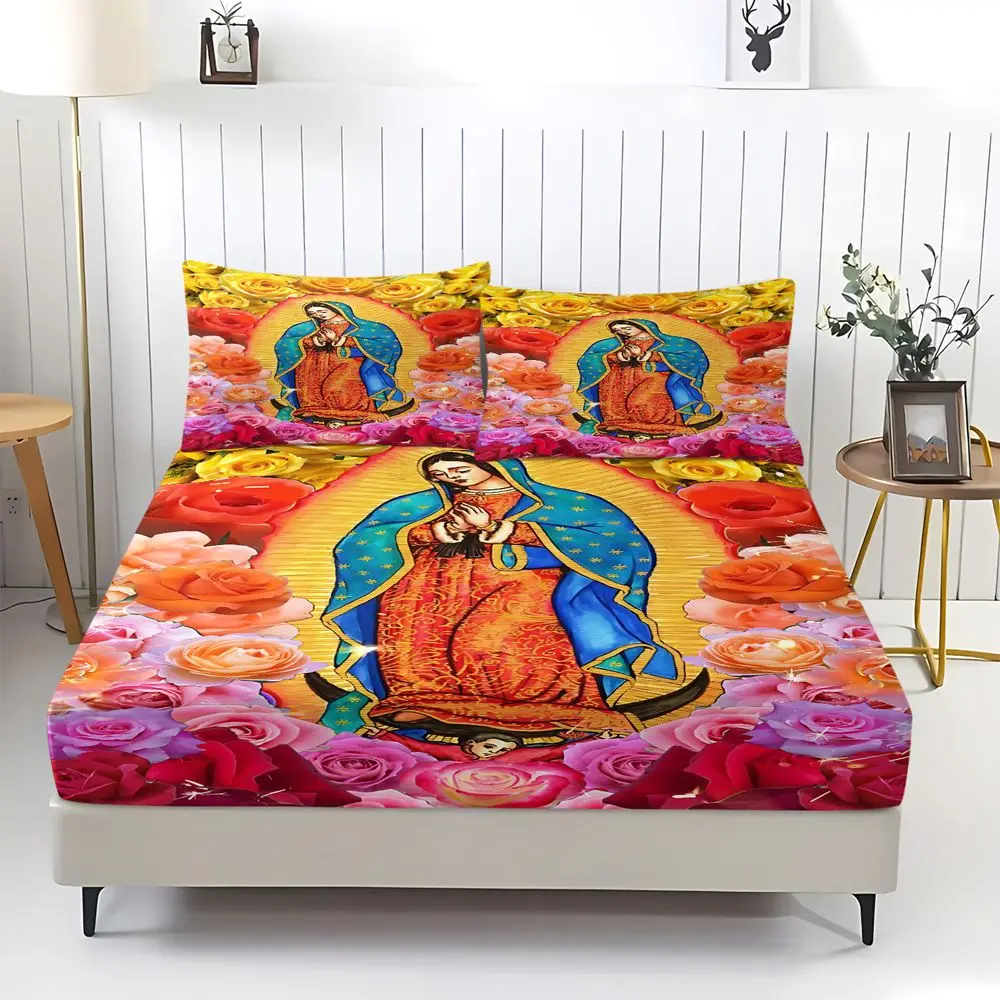 Virgin Mary Floral Print Fitted Sheet Set Bed Sheet Set Digital Printed Religious Bedding Set Soft Elastic Fabric Home Decor