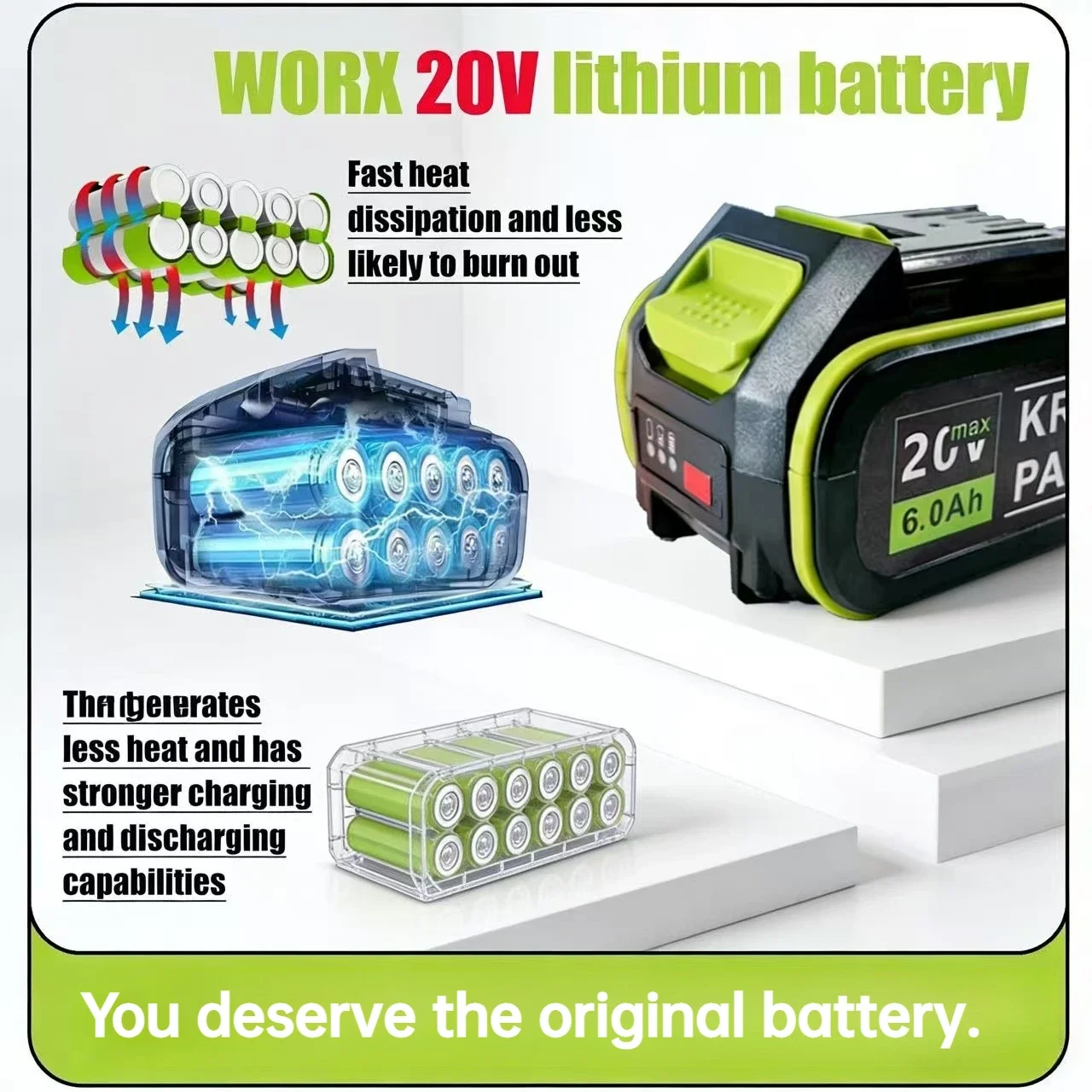 For 20V WORX Replacement Lithium-ion Battery 6000/8000mAh for WA3551 WA3551.1 WA3553 WA3641 WX373 Rechargeable Battery Tool