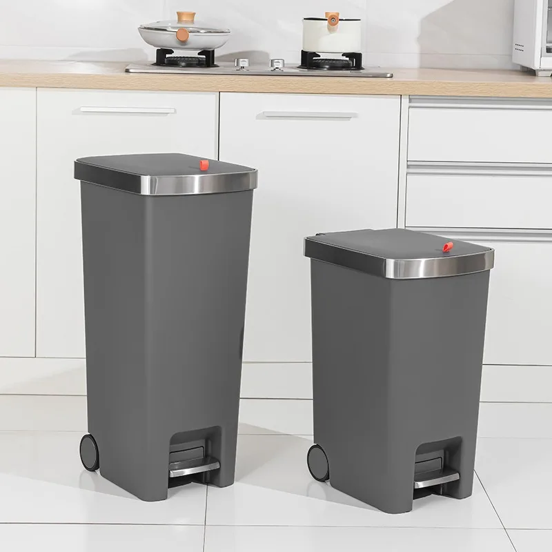 Solid Color Rectangle Movable Waste Bins High-capacity Foot-stepping Lid Waste Bins Metal Frame Modern Simple Home Merchandises