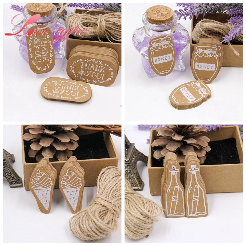 50PCS Merry Christmas Kraft Paper Tags Xmas Tree Handmade/Thank You Hanging Tag With Rope Labels Gift Wrapping Wedding Supplies