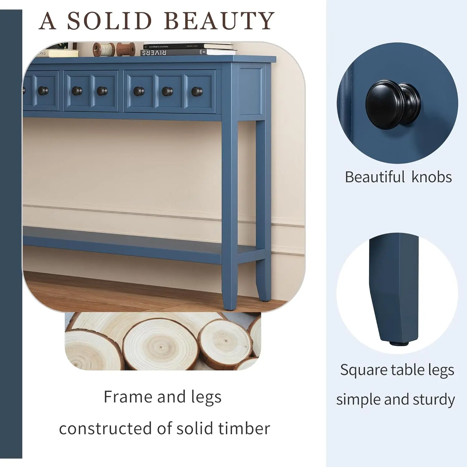 Rustic Entryway Console Table, 60"" Long Sofa Table With Two Different Size Drawers And Bottom Shelf For Storage (Antique Navy)