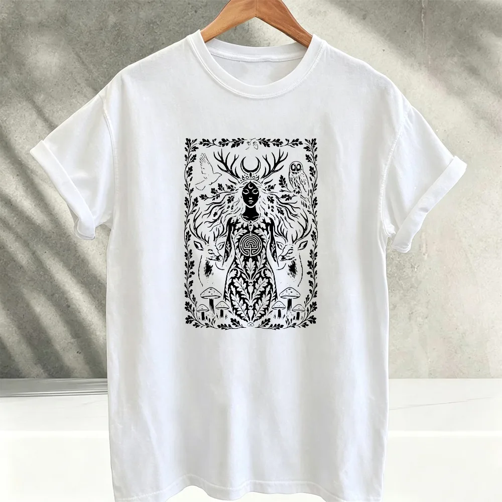 Women Mythical Forest Goddess Antler Owl Mushroom Deer Graphic Cotton T-Shirt | Welsh Folklore Pagan Witch Dark Folk Grunge Tee