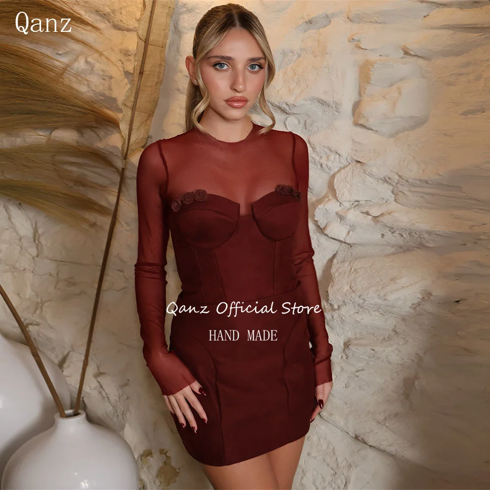 

Qanz Burgundy Sexy Mini Prom Dresses Long Sleeves Sweetheart Vestidos Para Eventos Especiales Short Woman Party Gown Customized