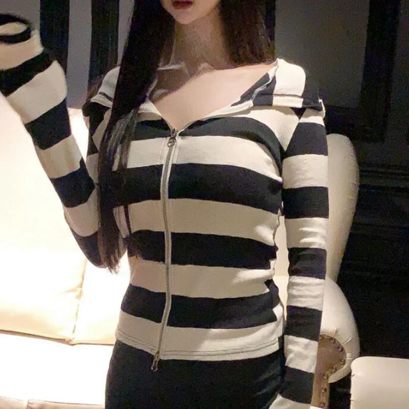 

Slim Fit Striped Hooded Sexy Cardigan Outerwear 51STUDIOMQ306 Daily Commute Style Long Sleeve Regular Length Autumn Season