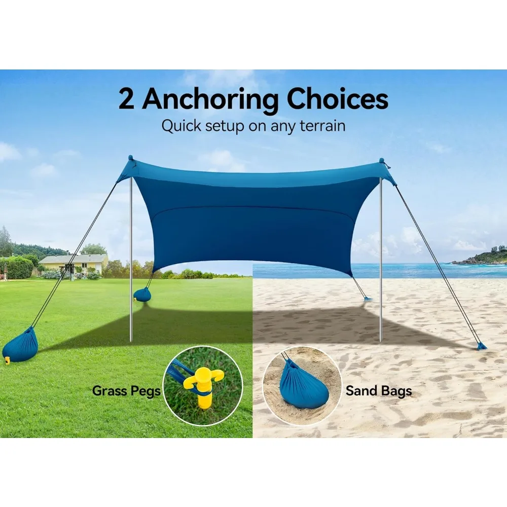 Beach Tent, Camping Sun Shelter 10 x 10ft, with 4 Sandbags, UPF50+, Includes Sand Shovel, Ground Pegs & Stability Poles