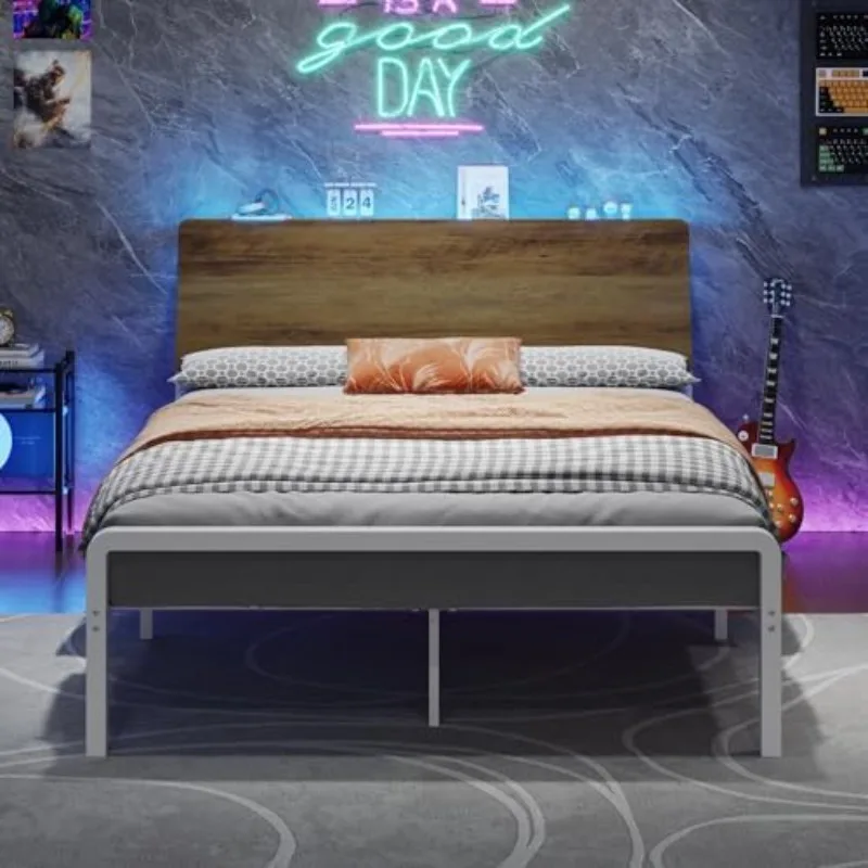Queen Bed Frame with Storage Headboard, Metal Platform Bed with LED Lights, Ergonomic Design, Heavy Duty Metal Slats