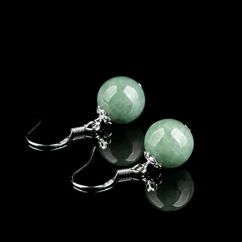 925 Zilver Natuurlijke Myanmar Emerald Jade Ronde 10Mm Kralen Oorbellen Originele Diy Door Hand Accessoires Vrouwen Luck Geschenken Sieraden