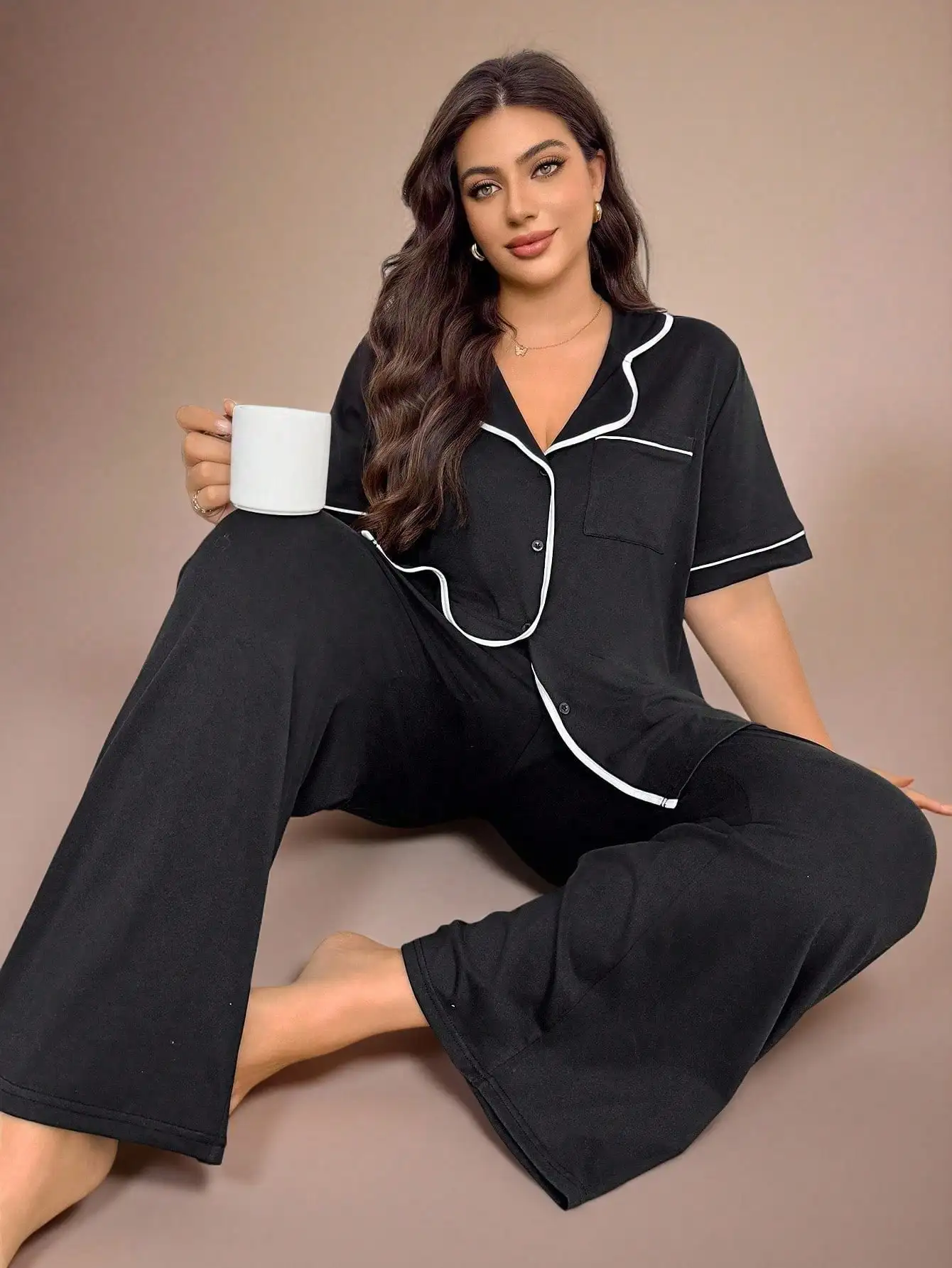 

Plus Size Black Pajama Set with White Contrast Trim, Short Sleeve Button Front Top & Wide Leg Pants