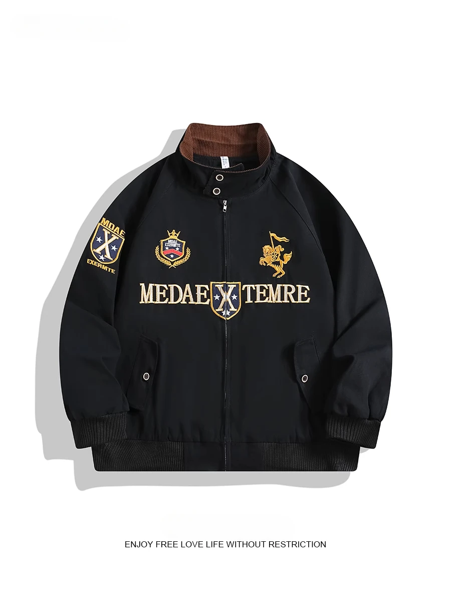 

American Street Racing Jacket Cotton Embroidered Jacket Stand Collar Hip-hop Retro Niche Flying Workwear Coat Men Streetwear