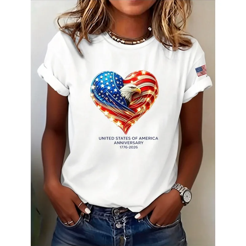 Ilstile U.S. 250th Anniversary United States Of America Women's Print T-Shirts Summer O Neck Tops Short Sleeve Casual Tees