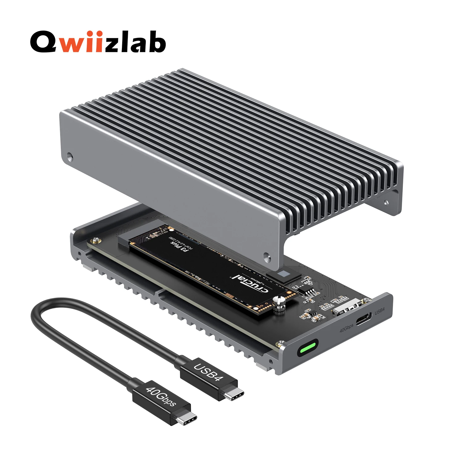 Qwiizlab Fanless 40Gbps USB4 Thunderbolt External SSD Enclosure with Aluminum Heat Sink Chasiss, Supports M.2 NVMe SSD up to 8TB