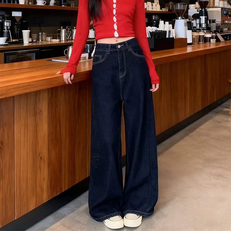 جينز Y2K نسائي شتوي 2025 Dongdaemun بنطال ذو قصة أرجل واسعة كحلي واسع الساق من قماش الدنيم مبطن حراريًا كومة لوكس #2