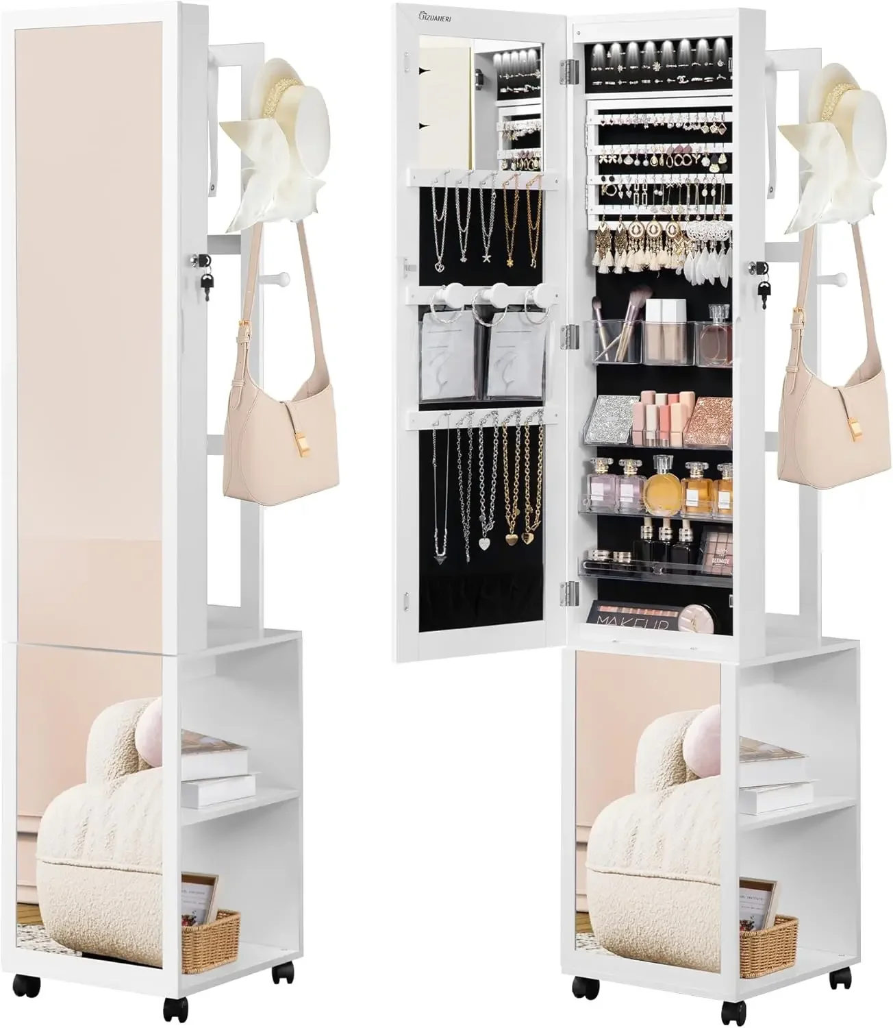 8 LEDs Jewelry Cabinet Armoire, 64.8-inch Jewelry Organizer with Garment Rack, Lockable Full-length Mirror with 4 Wheels