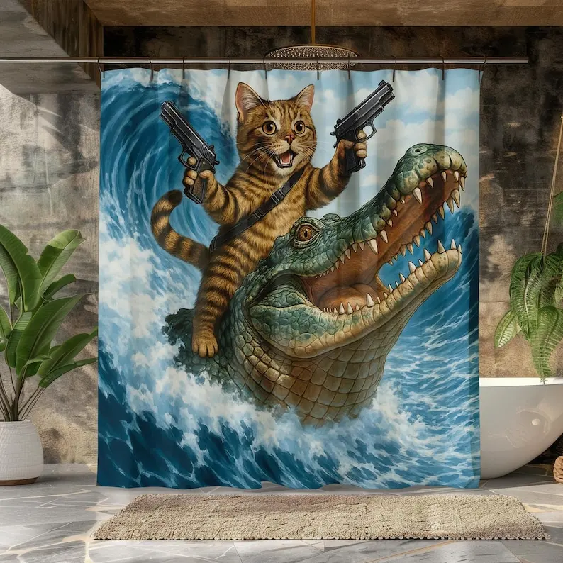 Funny Cat Riding Crocodile Shower Curtain, Epic Bathroom Decor, Wild Animal Humor Print, Cool Gift for Him or Her