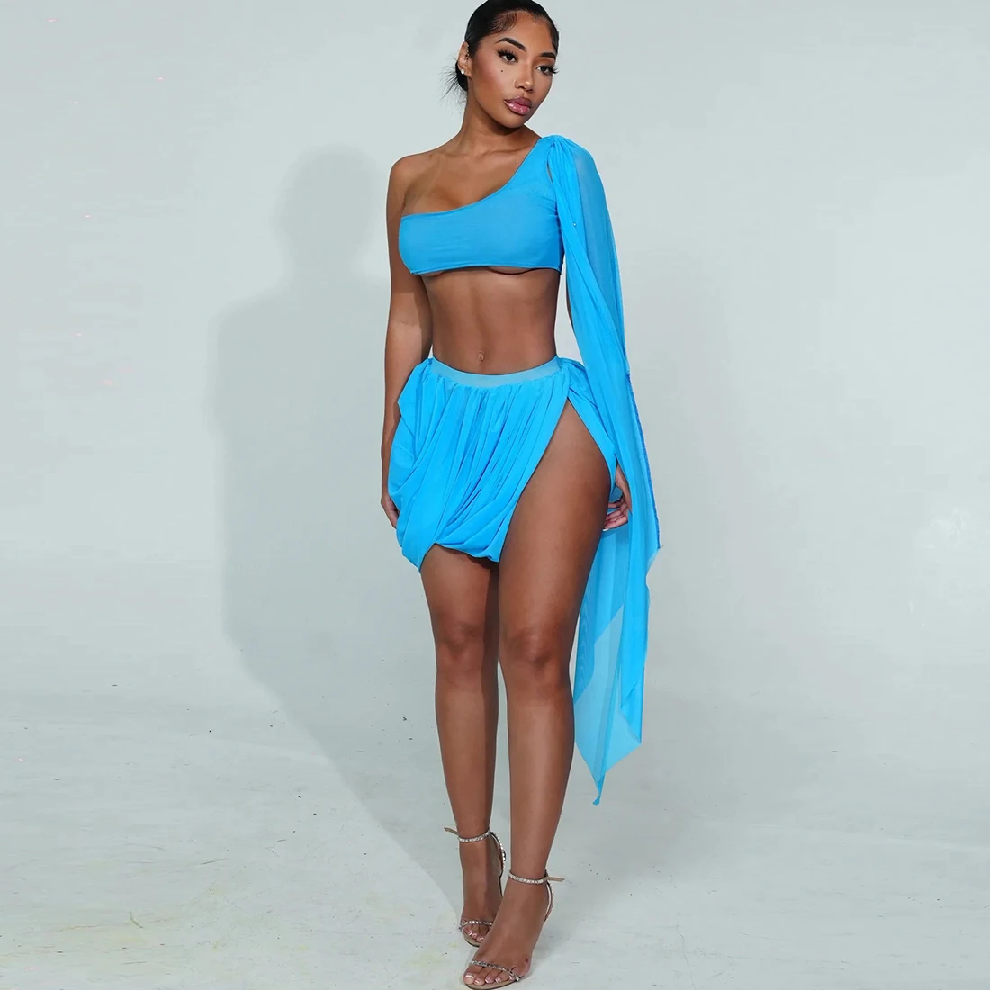 Y2K Sexy 2 Piece Set Women See Through Midnight Irregular Full Sleeve Crop Tops+Ruched Split Skirts Matching Clubwear
