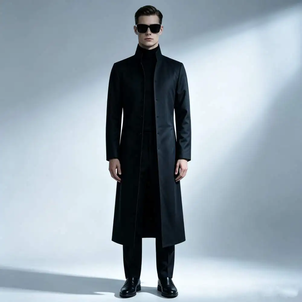 Disfraz de Neo de la película Matrix, con chaqueta larga de cuello alto negra y pantalones, ideal para Halloween, carnavales, fiestas de disfraces y para interpretar el personaje en el cine, tanto para hombres como para mujeres.