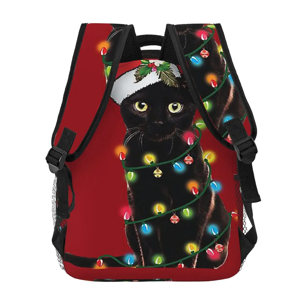 Babbo Natale gatto nero aggrovigliato in luci dell'albero di Natale Zaini Ragazzi Ragazze Bookbag Studenti Borse da scuola Zaino Borsa a tracolla