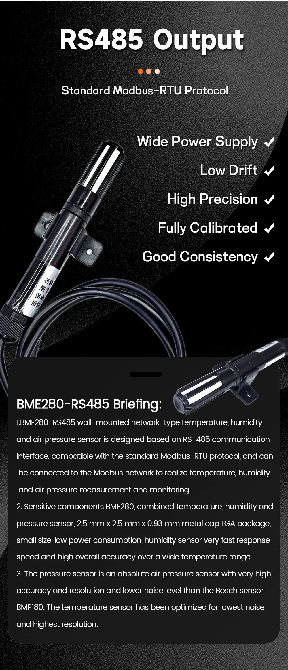 Bme280 hochpräzises Temperatur-und Feuchtigkeit sensor sonden kabel 1m 2m 3m 5m digitaler Sensor i2c oder rs485 wasserdichter Schild – Detail 8