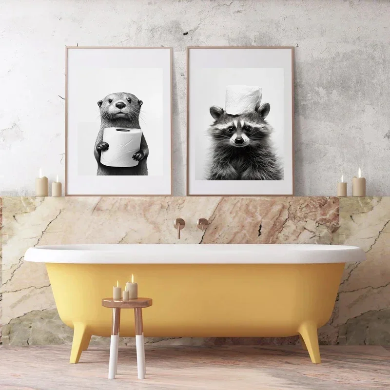 Black and White Funny Bathroom Animal Posters Nordic Otter Fox Puppy Print Canvas Painting Toilet Sink Wall Art Pictures Decor