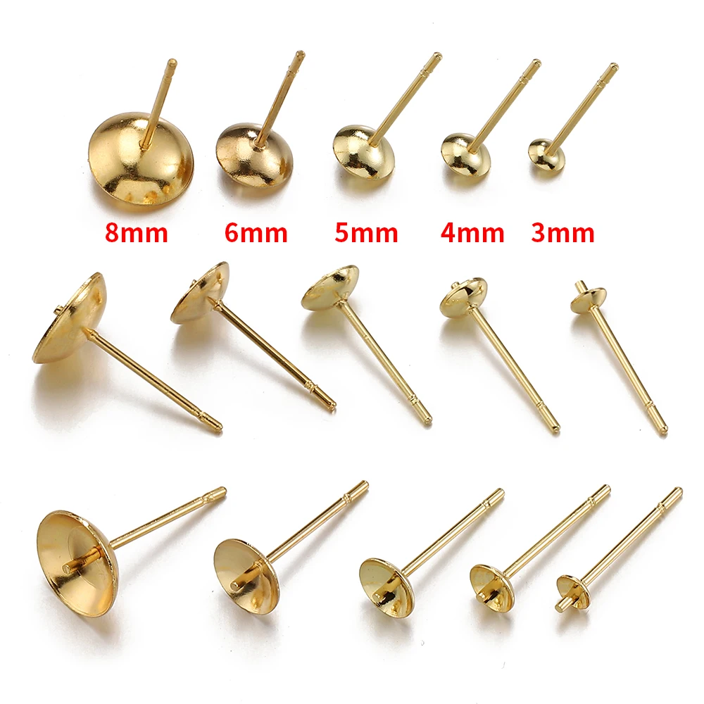 20pcs 3-8mm Gold Color Stainless Steel Ear Studs Earrings Earring Base for Pearl Ear Jewelry Making DIY Accessories Wholesale