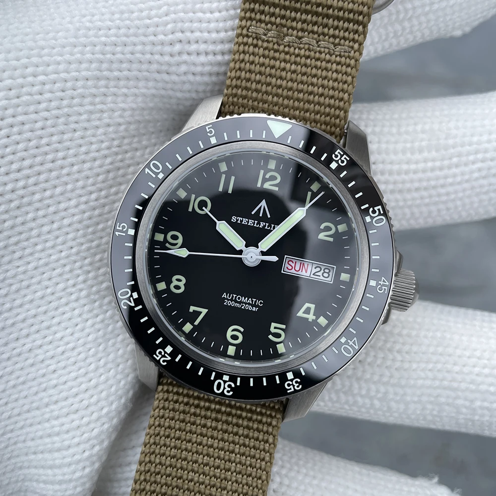 Мужские автоматические часы STEELFLIE Pilot 41 мм, спортивные механические наручные часы для дайвера, 200 м, водонепроницаемые, C3, светящийся сапфир, NH36, дата недели