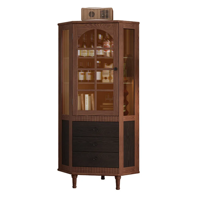 

room corner cabinet, corner cabinet, medieval triangular side cabinet, integrated medieval style cabinet against the wall
