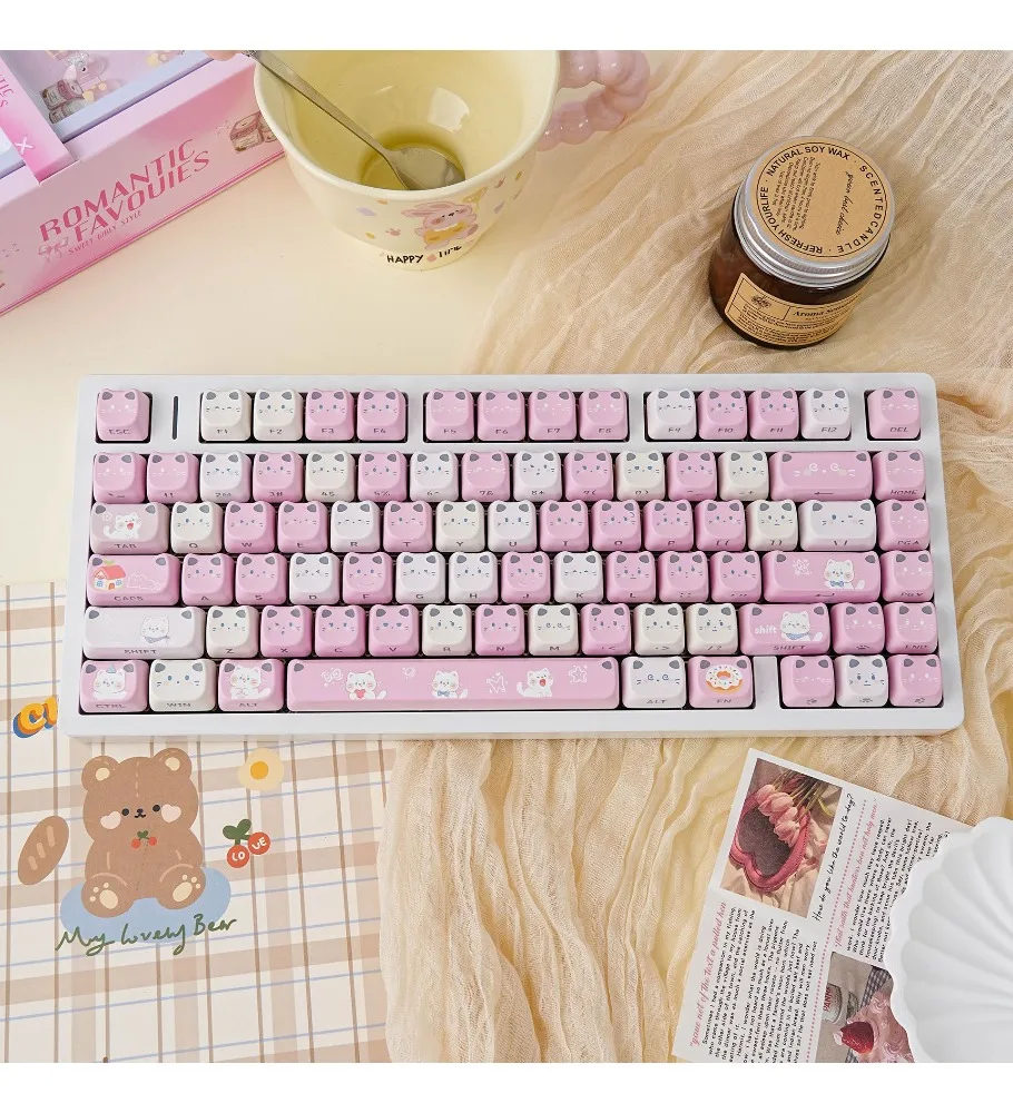 Super cute pink cat cat head keycap female high-value PBT hot sublimation side engraving light-transmitting mechanical keyboard