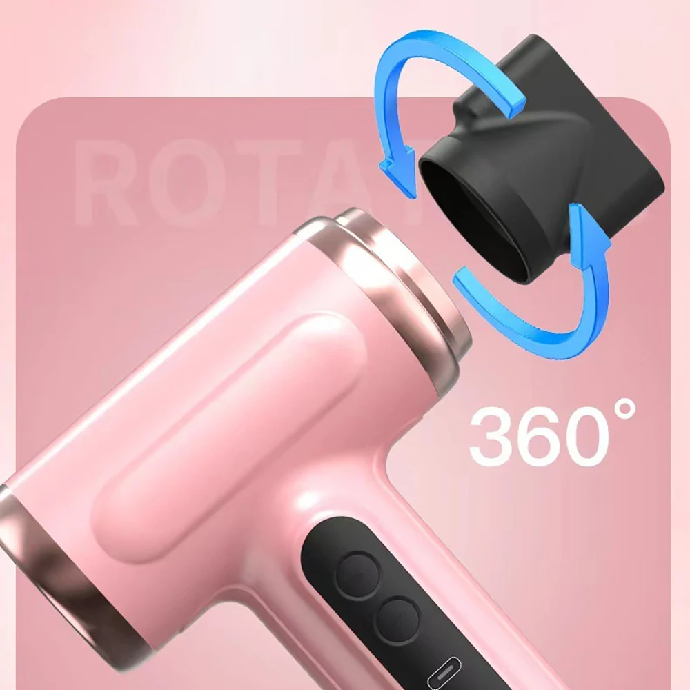 Wireless Rechargeable Hair Dryer with Detachable Nozzle, Cold Hot Wind, Negative Ions Care for Hotel and Outdoor Dormitory