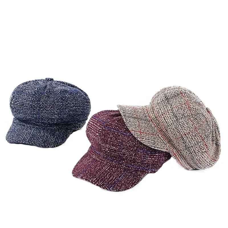 Vintage achteckige Baskenmütze für Damen, Zeitungs jungen hut, lässige Woll imitation, Plaid, neue Mode, 2024 – Detail 36