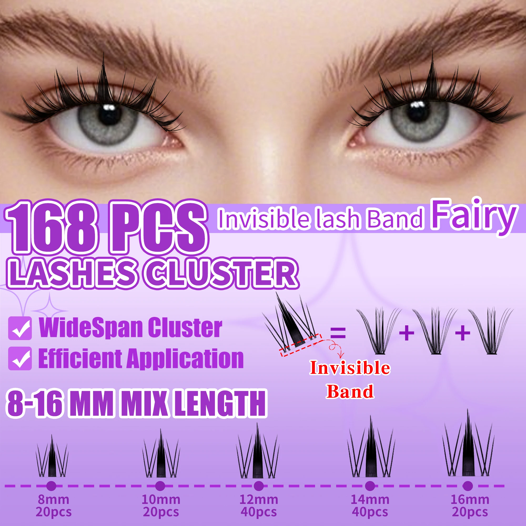 LAKANAKU 168 Ventole Fai da te Cluster Ciglia Cat Eye Ciglia Fascia invisibile Premium Visone Manga Lash Cluster