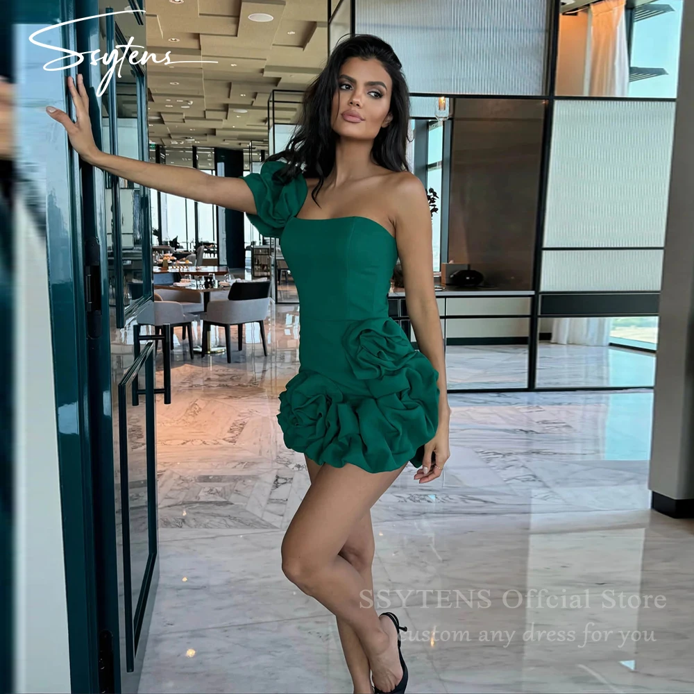 

SSYTENS Green Mini Prom Gowns Elegant Ruched Sexy Short Party Dresses Birthday Tiered Women One Shoulder Cocktail Party Dress