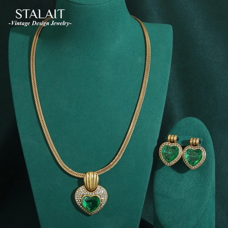 

Vintage Green Jewelry Set For Woman Crystal Heart Pendant Necklaces Snake Chain Rhinestones Earrings Luxury Wedding Accessories