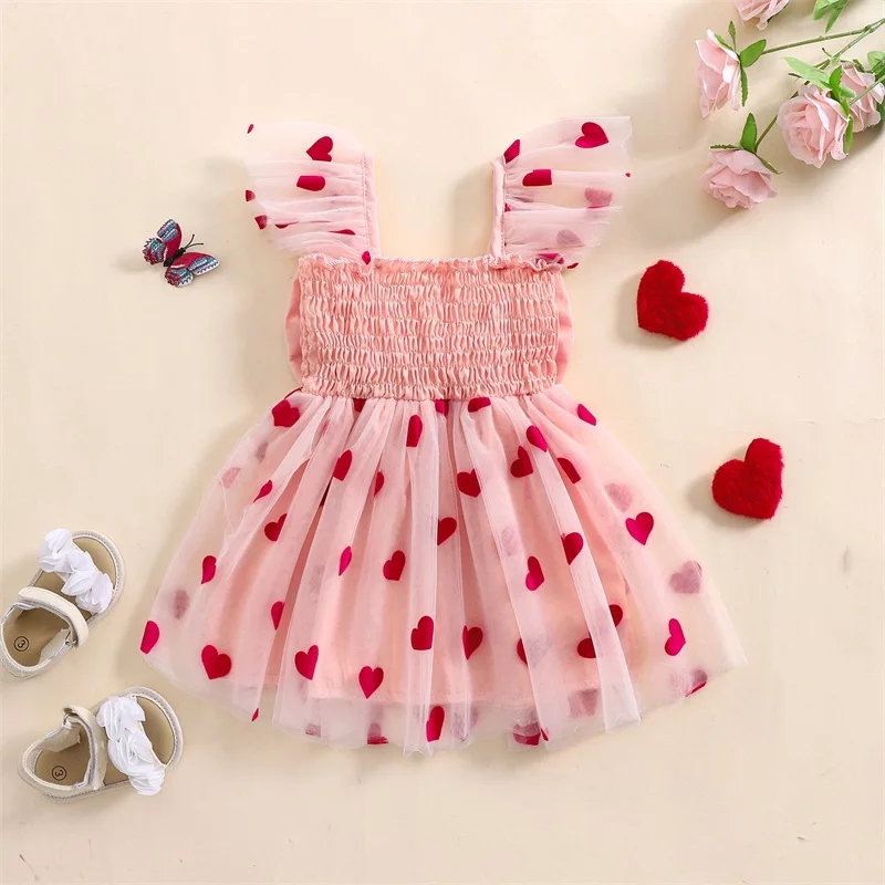 Vestido de tul para niñas pequeñas de 6 a 4 años, decoración de lazo en 3D con forma de corazón, manga aleteo con volantes, vestido acampanado ahumado para el Día de San Valentín para primavera