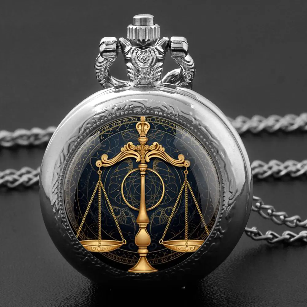 Reteo Black Golden and Silvery Lawyer Justice Scale Judge Creative Design Quartz Pocket Watch for Women Men