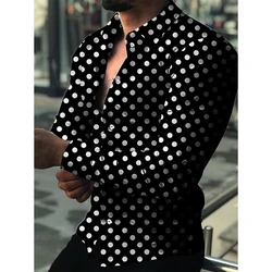 Camisa abotoada com gola virada para baixo masculina, estampa com pontos, tops de manga longa, streetwear casual, roupas sociais masculinas, primavera, outono, nova