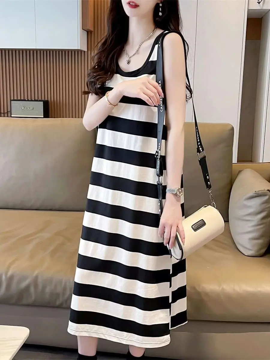 plus Size Contrast Color Stripe Vest Dress Summer New Loose Belly Covering Slimming Sleeveless Strap Straight Tube Skirt