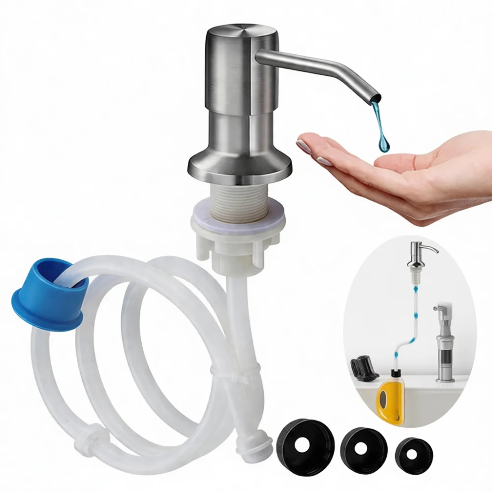 Refillable Kitchen Sink Soap Dispenser Pump Stainless Steel Press Head With Extension Hose For Dishwashing Cleaners