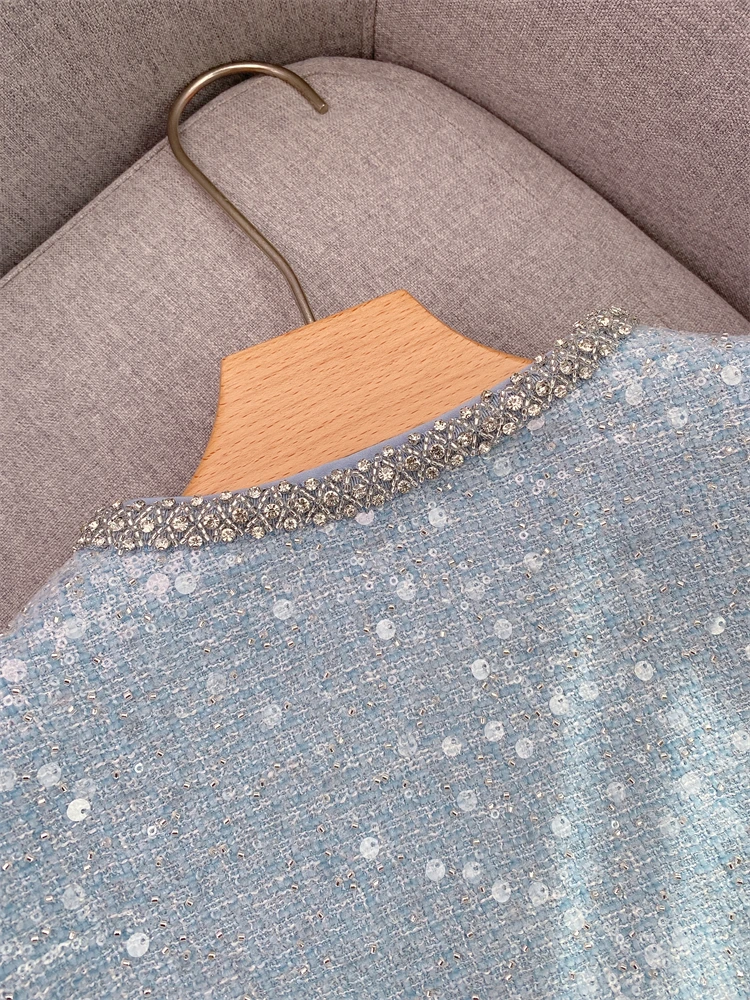 "Wealth of Wealth" haze blue round neck glittering sequin diamond trim luxurious women's tweed jacket and skirt set