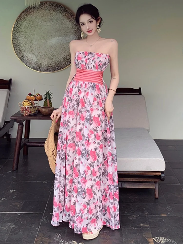 

Elegant Floral Print Strapless Maxi Dress High Waist A-Line Silhouette Midi Skirt Casual Summer Spring Autumn Women's Dress