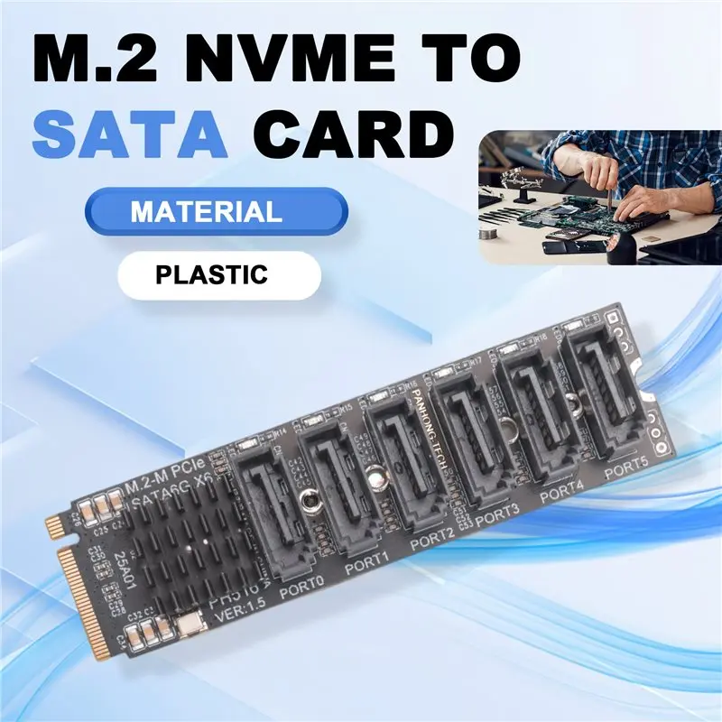 AED6-M.2 MKEY PCI-E Riser Card M.2 NVME To SATA Card M.2 NVME To SATA3.0 PCIE To SATA 6Gpbsx6-Port Expansion Card ASM1166