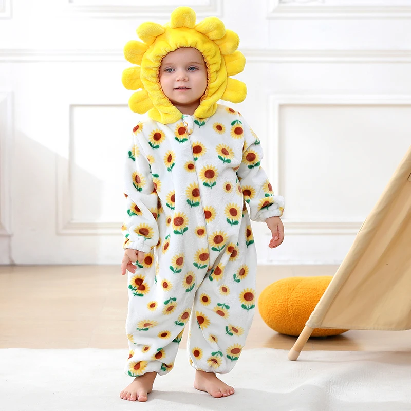 Newborn Infant Toddler Hooded Sunflower Costume Romper Plush Fleece Warm Winter Jumpsuit One-Piece Outfit