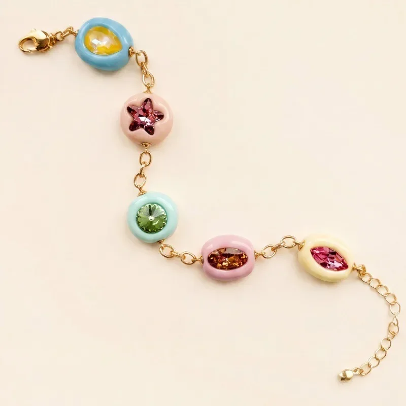 Colorful Enamel Gemstone Bracelet For Women Candy Color Rhinestone Geometry Beaded Bracelets Sweet Aesthetic Jewelry Party Gift
